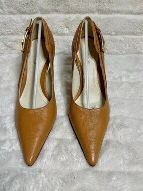Ann Taylor Womens Tan Leather Pointed Toe Heels Gold Buckle Size 5M